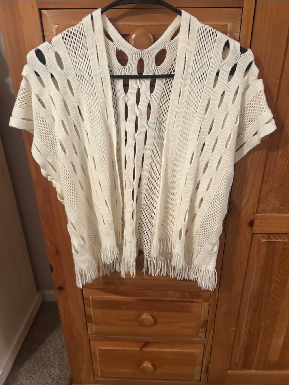 Open Knit Fringe Cardigan Sweater - White